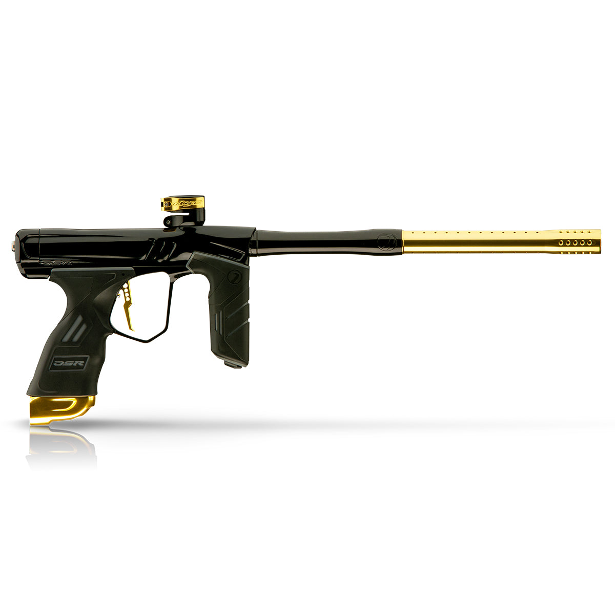 DSR+ Onyx/Gold paintball gun - πλάγια όψη που δείχνει το εργονομικό design