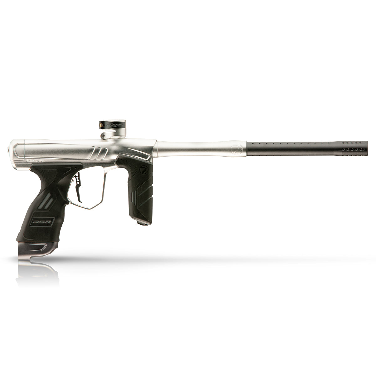 DSR+ Shades Silver/Grey paintball gun - πλάγια όψη με ασημένιες λεπτομέρειες